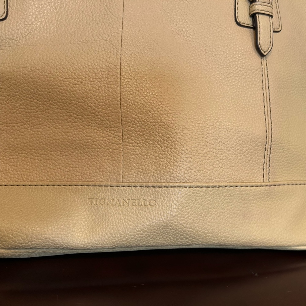 Tignanello Leather Tote Bag Beige Large Work Shoulder Bag - Picture 2 of 5